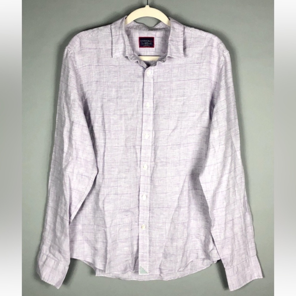 Untuckit Torontel WR Slim Plaid Button Down Linen Shirt Mens SZ XL Purple White